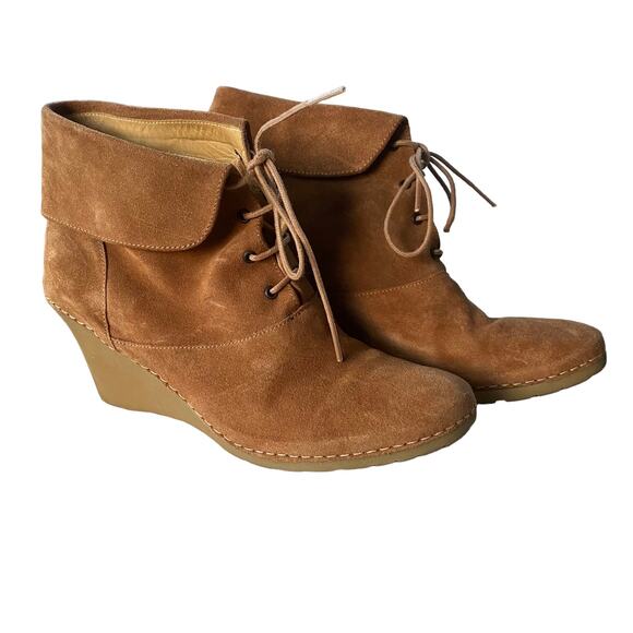 bettye muller Shoes - Bettye Muller Boots Suede Cuff Lace Up Wedge Ankle Boot Tan Womens Size 40